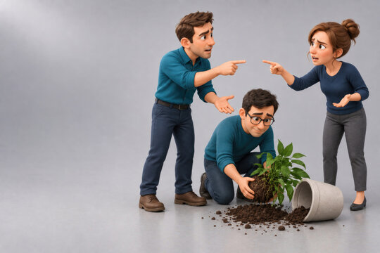Three adults react to a spilled potted plant. Space for text.