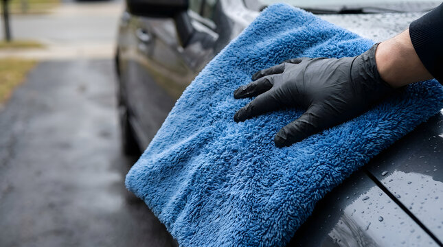 A close-up shot of a worker wearing black nitrile gloves using a thick blue microfiber cloth to hand dry and polish a dark grey vehicle exterior after washing, demonstrating professional car detailing