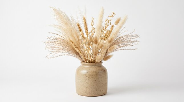 Dried wheat bouquet in a beige vase on white background