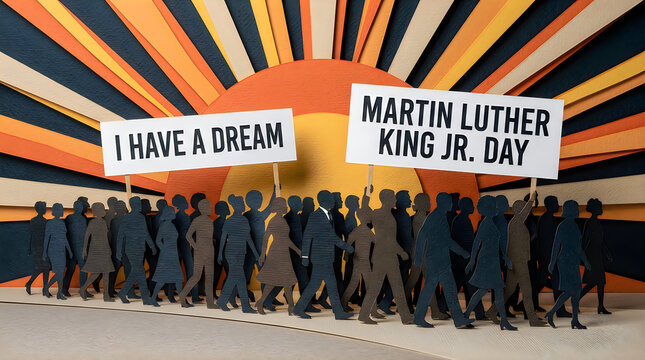 Group of people marching with signs for martin luther king jr day celebrating i have a dream speech