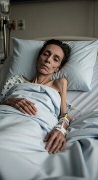 Immunodeficiency virus patient: Human disease, Acquired syndrome, terminal illness, hospital bed, severe cachexia, intravenous therapy, clinical care, chronic condition.