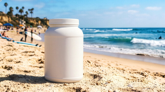 Mockup, beach, sea, surf, paradise, landscape, jar, whey protein, silver, gold, metallic, plastic, food, energy supplement, sport, healthy lifestyle, beautiful, vacation