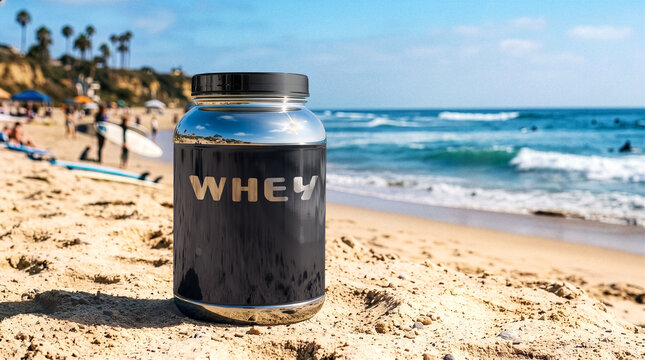 Mockup, beach, sea, surf, paradise, landscape, jar, whey protein, silver, gold, metallic, plastic, food, energy supplement, sport, healthy lifestyle, beautiful, vacation