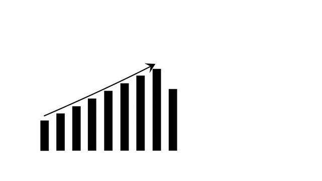 Black graph chart icon with rising bars and trend line on clean white background, minimal business analytics symbol for growth, statistics, finance, performance, data and technology