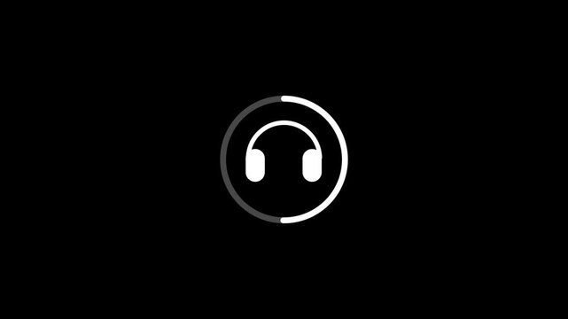 White headphones icon inside circular progress ring on black background, minimal audio listening symbol for music, podcast, gaming, entertainment, media player and technology interface