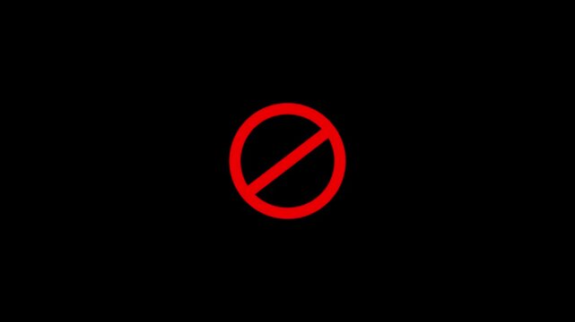 Red prohibition no entry symbol with diagonal slash inside circle on black background, bold warning icon for restricted access, forbidden action, security, safety, rules and interface