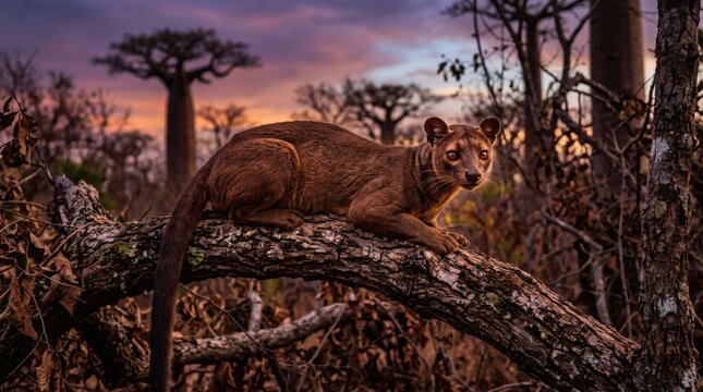 Wild Fossa Resting on Tree Branch in Madagascar at Golden Sunset