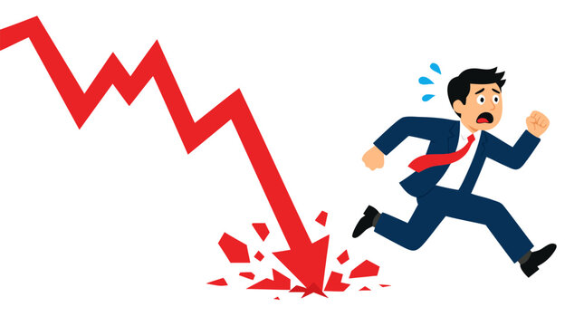 Frightened businessman running away from crashing red line graph stock market decline panic cartoon vector illustration flat design - professional high resolution detailed commercial stock imagery