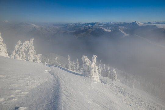 View of Borisov peak in the Velka Fatra mountains covered in deep snow and frost with misty valleys and clear blue sky in the background, Velka Fatra mountains, Zilina Region, Slovakia.