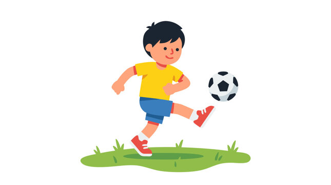 Cheerful young boy wearing yellow t-shirt and blue shorts kicking black and white soccer ball on green grassy field, children's sports activity illustration, bold flat colors vector graphic design