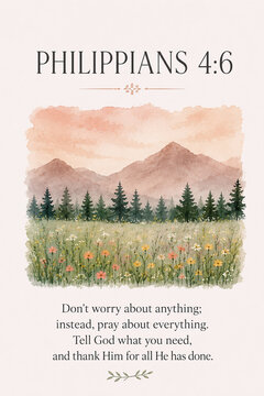 Philippians 4 6 Bible verse poster, watercolor mountain landscape illustration with trees and flowers
