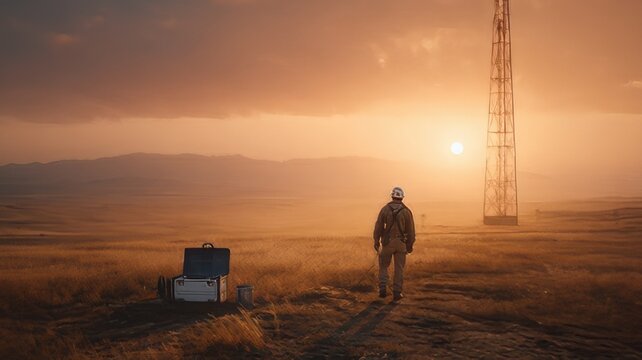 Solitary figure standing in a vast, open field near a tall lattice communication tower during a warm sunrise or sunset