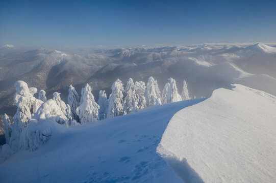 View of the snow-covered Borisov peak surrounded by frost-laden trees and a vast winter landscape under a clear blue sky in Velka Fatra mountains, Zilina Region, Slovakia.