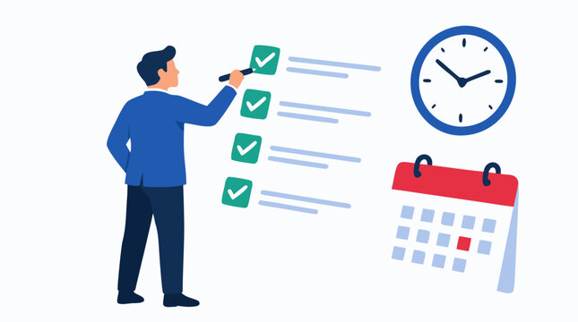 Businessman Checking Off Items on Giant Floating Checklist with Clock and Calendar Time Management Productivity Concept Flat Vector Illustration - professional high detailed commercial stock imagery