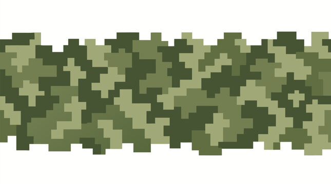 Pixelated natural camouflage pattern seamless horizontal strip in mossy green sage and olive tones digital pixel art military style vector illustration flat design background texture pattern