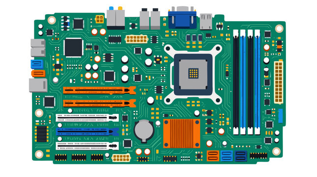 Computer Motherboard Circuit Board Flat Vector Illustration with CPU Socket RAM Slots Heat Sink and Electronic Components on White Background - professional high detailed commercial stock imagery