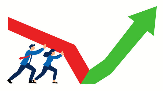 Two businesspeople pushing a giant red downward arrow back up, turning it into a rising green growth arrow, business recovery and turnaround concept, bold flat vector illustration on white background