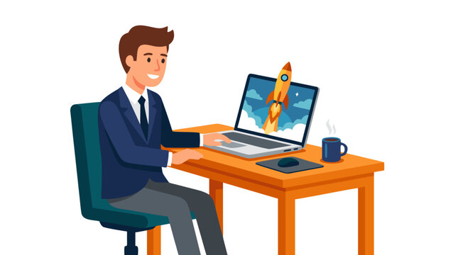 Smiling Businessman in Blue Suit Watching Rocket Launch on Laptop Screen at Wooden Desk - Startup Success, Digital Business Launch Concept, Flat Vector Illustration with Bold Colors on White