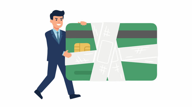 Confident businessman holding oversized green credit card wrapped in white bandages, flat vector illustration of financial debt concept - professional high resolution detailed commercial stock