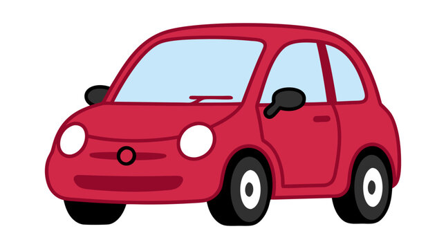 Cute Tiny Red Compact Car Cartoon Vector Illustration, Friendly Rounded Vehicle with Big Headlights, Thick Black Outlines, Cheerful Automobile Design for Children, Transportation Icon