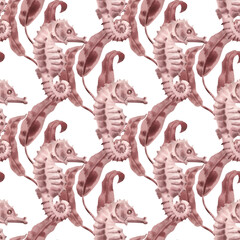 Hand painted watercolor illustration seahorse dragon, horse fish, seaweed algae blush pink seamless pattern. Transparent backgrounds tropical. Artistic marine design coastal decor, stationery creative © Nataliia