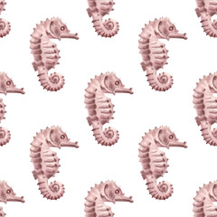 Hand painted watercolor illustration seahorse animal dragon, horse fish, blush pink seamless pattern. Transparent backgrounds tropical. Artistic marine, coastal decor, design, stationery creative © Nataliia