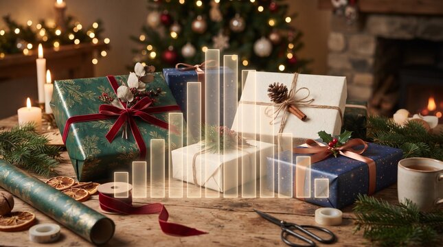 Christmas gift wrapping station featuring a transparent histogram representing holiday demand distribution, with premium presents, ribbons and warm seasonal details.
