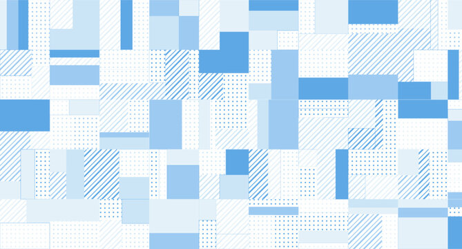 Abstract geometric pattern with blue and white rectangles and halftone dots