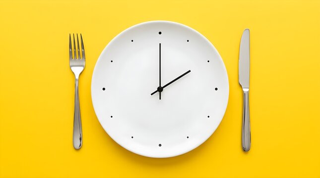 It is time to eat a creative concept with a plate shaped like a clock and silverware showing the hour for a