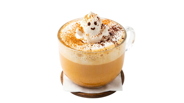 Coffee with ghost shaped whipped cream and cinnamon perfect for autumn cozy mornings.