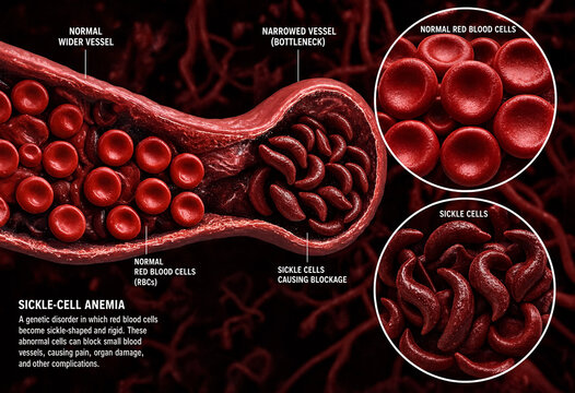 Medical illustration showing sickle cell anemia blood vessel blockage with red cells