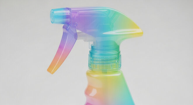 A vibrant rainbow colored plastic spray bottle nozzle mechanism is presented from a side perspective showcasing its translucent hues and trigger mechanism designed for household cleaning tasks