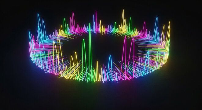 Vibrant multicolored sound wave graphic forms an impressive circular ring structure glowing brightly across the dark abyss during a live music performance captured with creative electronic