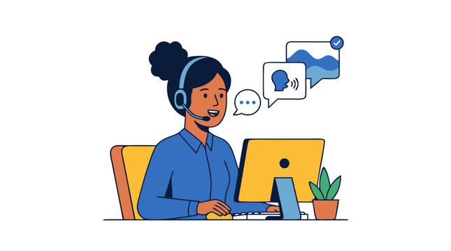 Professional female customer service representative wearing headset with microphone at computer desk with speech bubbles communication icons support help center vector illustration