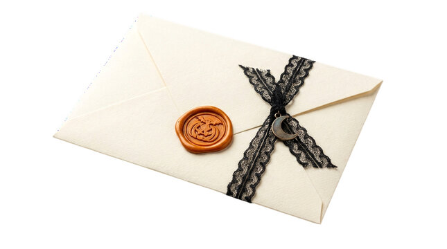 Cream colored envelope sealed with orange wax pumpkin stamp and black lace ribbon for invitation.