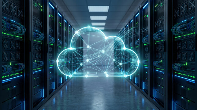 A glowing digital cloud hologram floats in a futuristic data center aisle. Flanked by high-tech server racks, this 3D conceptual render illustrates enterprise cloud computing and network storage.