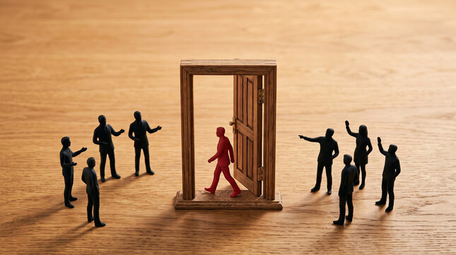 A red miniature silhouette walks alone through an open freestanding doorway, leaving a cluster of black figures behind. This conceptual flat lay depicts employee turnover and corporate offboarding.