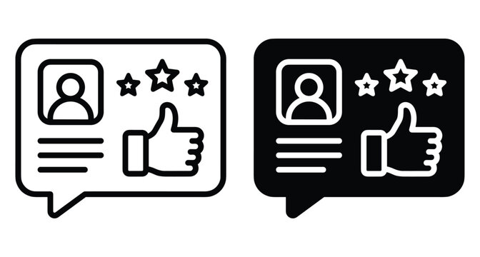 Customer review testimonial icon set with user profile stars and thumbs up symbol for feedback rating and social proof marketing