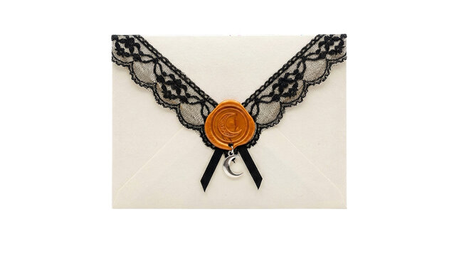 Cream colored envelope sealed with orange wax pumpkin stamp and black lace ribbon with moon charm.