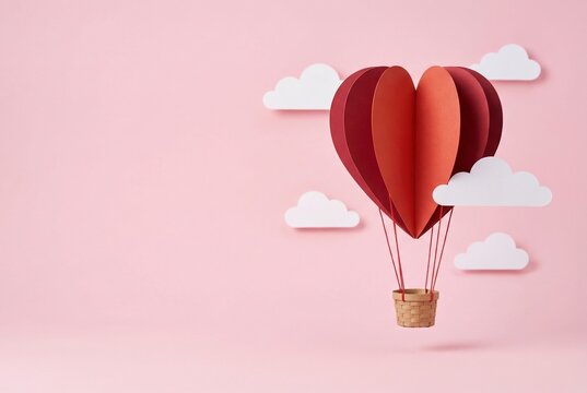 Paper Heart Hot Air Balloon Valentine Love Concept Background