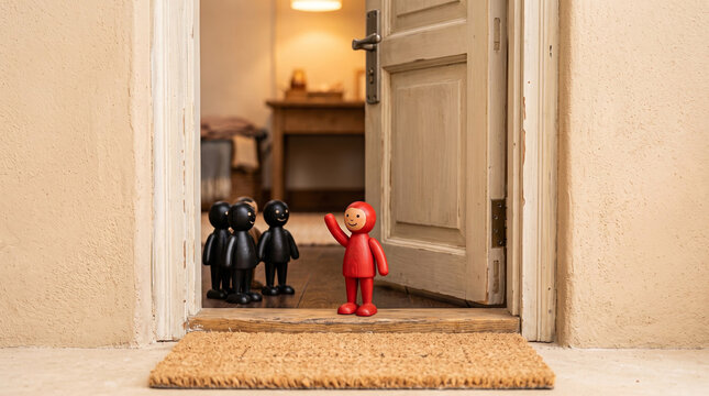 A solitary red miniature silhouette walks through a freestanding open doorway, leaving a cluster of black figures behind in the shadows. This conceptual miniature photography depicts employee turnover