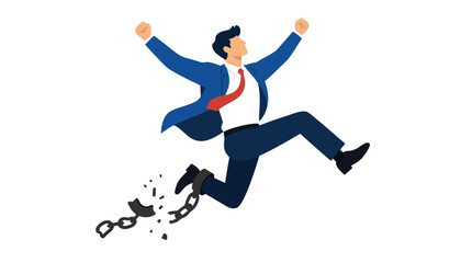 Fototapeta premium Joyful corporate businessman leaping triumphantly into midair while shattering a heavy metal shackle chain off his ankle vector illustration representing career freedom and release