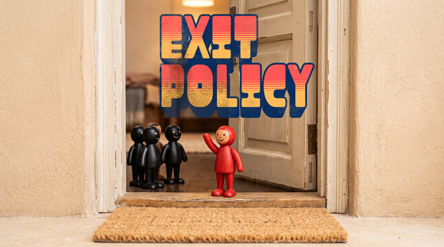 Floating 3D text reading EXIT POLICY hovers above a red figurine stepping through an open door, leaving behind a group of black silhouettes. A conceptual miniature scene depicting HR resignation.