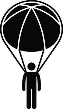 Black stick figure man skydiver paragliding with a large open parachute isolated on a plain white background