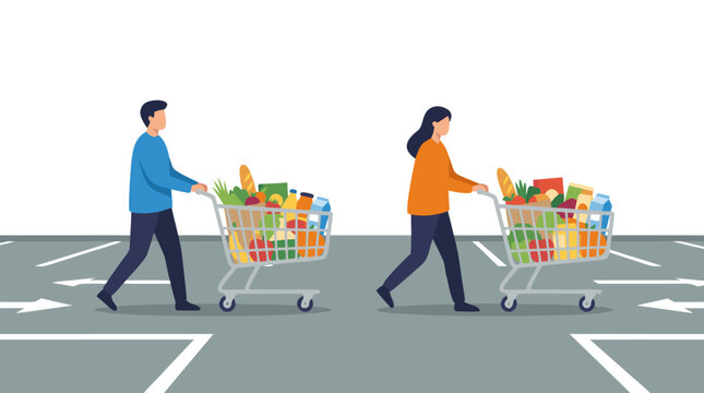 Flat vector illustration of a man and woman pushing shopping carts loaded with groceries through a parking lot, minimal diverse shoppers buying food and household items, retail concept