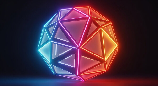 Futuristic geometric polyhedral structure emitting vibrant neon red and blue lights inside a dark futuristic spatial environment to create an eye-catching visual experience for viewers