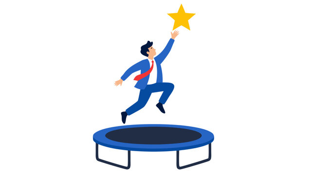 Flat vector illustration of an energetic businessman in a blue suit leaping high from a blue round trampoline to grasp a glowing yellow star suspended above him across empty white space
