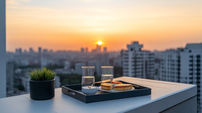 Crisp Winter Light Under an Organized Architectural Canopy: Rooftop Terrace With Sunrise Breakfast Tray And Skyline Rooft &acirc;&euro;&ldquo; Skyline Study 2