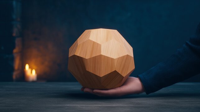 A hand holds a faceted wooden sphere with warm candlelight in the background, creating a cozy and artistic atmosphere.