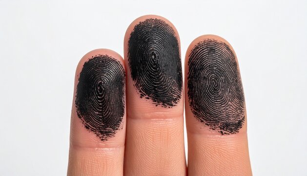 Fingerprints with Black Ink on Human Fingers Isolated on White